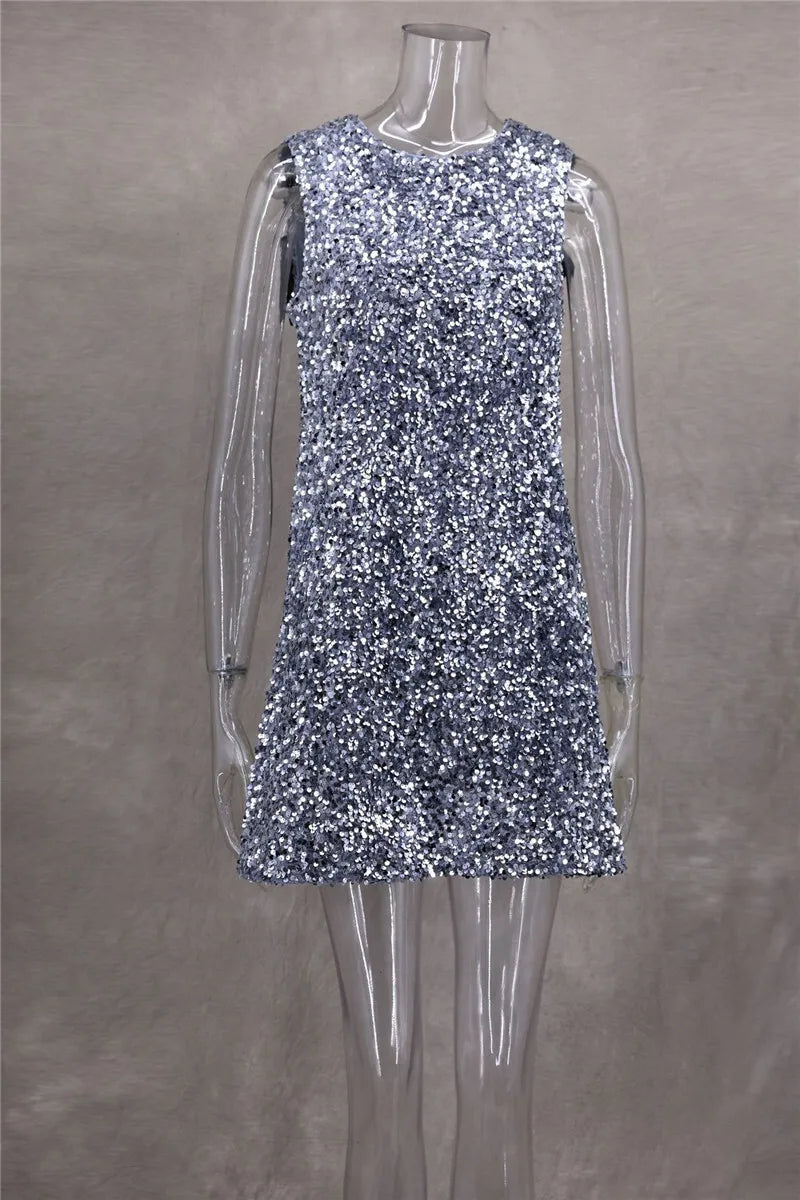 Sequins Backless Bow Sexy Mini Dress For Women Robe 2025 New Sleeveless A-line Sparkle Club Dress Elegant Vestido
