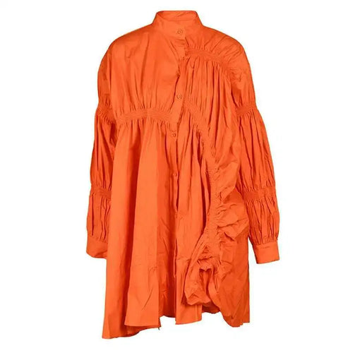 Load image into Gallery viewer, Women Orange Irregular Pleated Big Size Dress New Stand Collar Long Sleeve  Fashion Tide Spring Autumn 2025  1DF4807115
