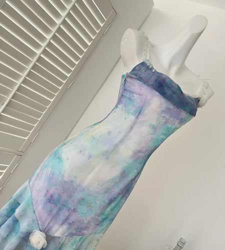 Summer French Blue Tie Dye Backless Irregular Long Dresses Women Vintage Elegant Sexy Sleeveless Ruffles Party Dress Ladies Boho