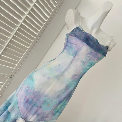 Load image into Gallery viewer, Summer French Blue Tie Dye Backless Irregular Long Dresses Women Vintage Elegant Sexy Sleeveless Ruffles Party Dress Ladies Boho
