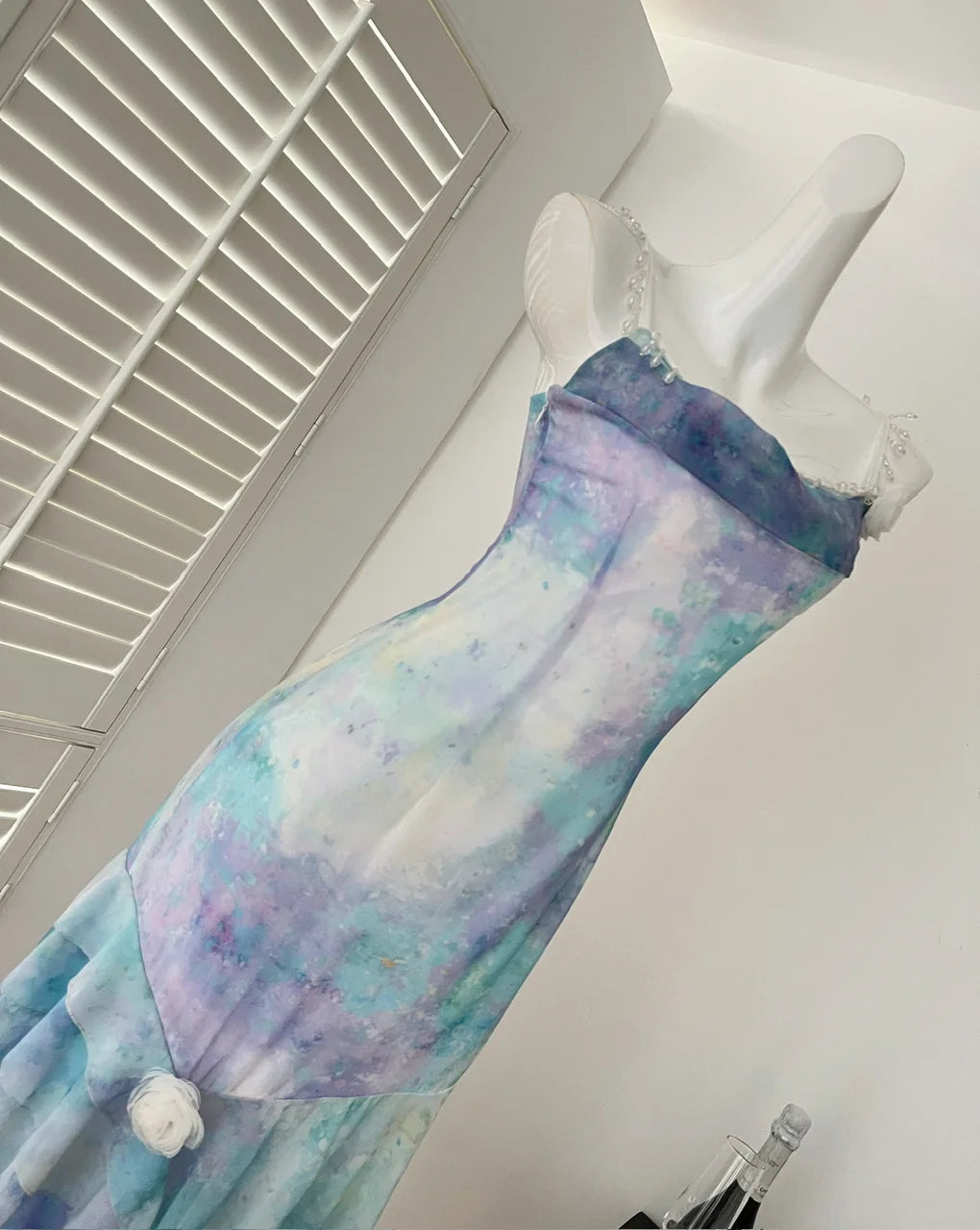 Summer French Blue Tie Dye Backless Irregular Long Dresses Women Vintage Elegant Sexy Sleeveless Ruffles Party Dress Ladies Boho