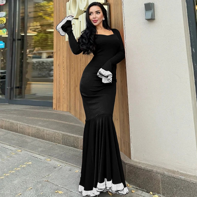 Flare Sleeve Sexy Bodycon Elegant Long Sleeve Maxi Dress Women High Waist Square Collar Evening Dress Female Clothes