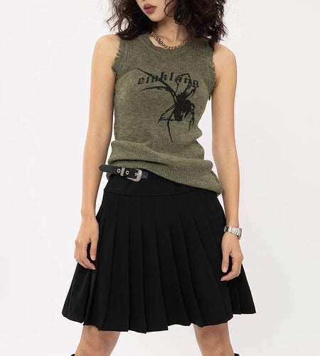 Y2k Aesthetics Knitted Vest Women Summer Thin Tank Tops Vintage Spider Pattern Harajuku Top Fairycore Ribbed Tee E-girl Grunge