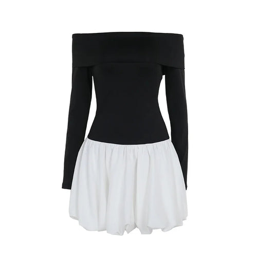 Load image into Gallery viewer, Off-shoulder Long Sleeve Sexy Mini Dress For Women Contrast Color Patchwork Strapless Backless A-line Sexy Dress
