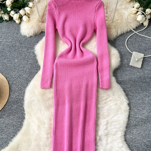Load image into Gallery viewer, Korean Women Solid High Neck Straight Dresses Autumn Winter Slim Long Sleeve Office Knitted Dress Ladies Simplicity Popular Chic
