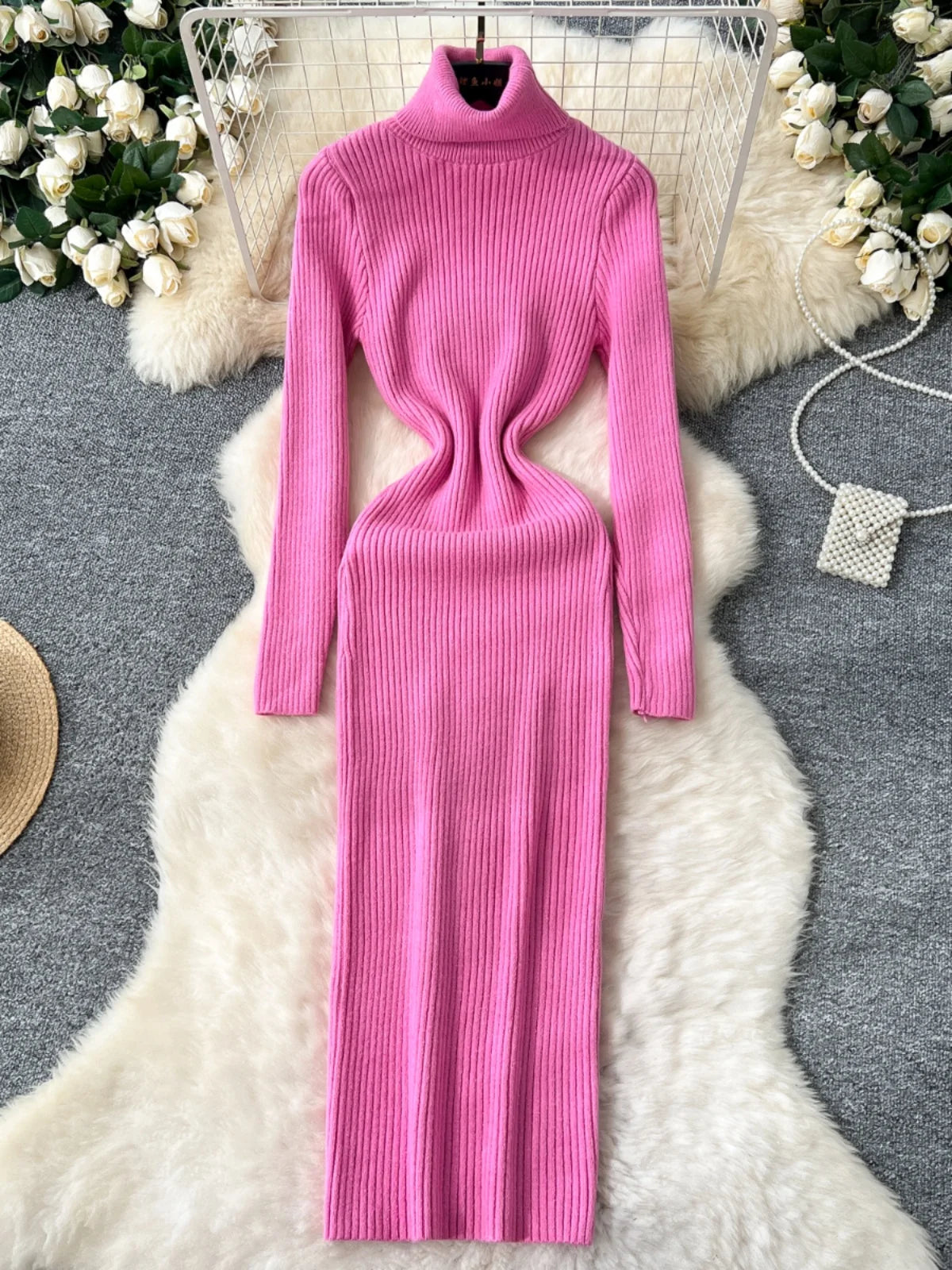 Korean Women Solid High Neck Straight Dresses Autumn Winter Slim Long Sleeve Office Knitted Dress Ladies Simplicity Popular Chic
