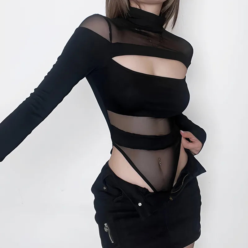 Fashion Elegant Skinny Mesh Bodysuit Female One Piece Clubwear Party Bodies Cut Out Transparent Rompers Black Catsuit