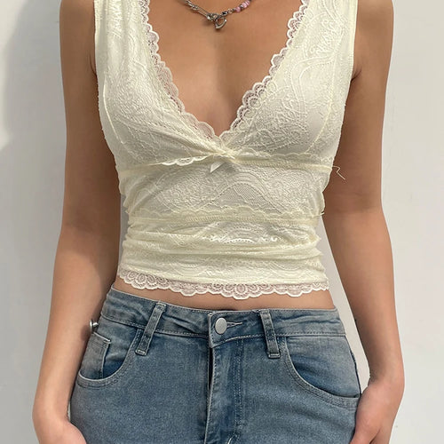Load image into Gallery viewer, Y2K Sweet Cute V Neck Bodycon Sexy Tank Top Fashion 2000s Aesthetic Summer Cropped Vest Slim Bow Lace Top Women Cloth
