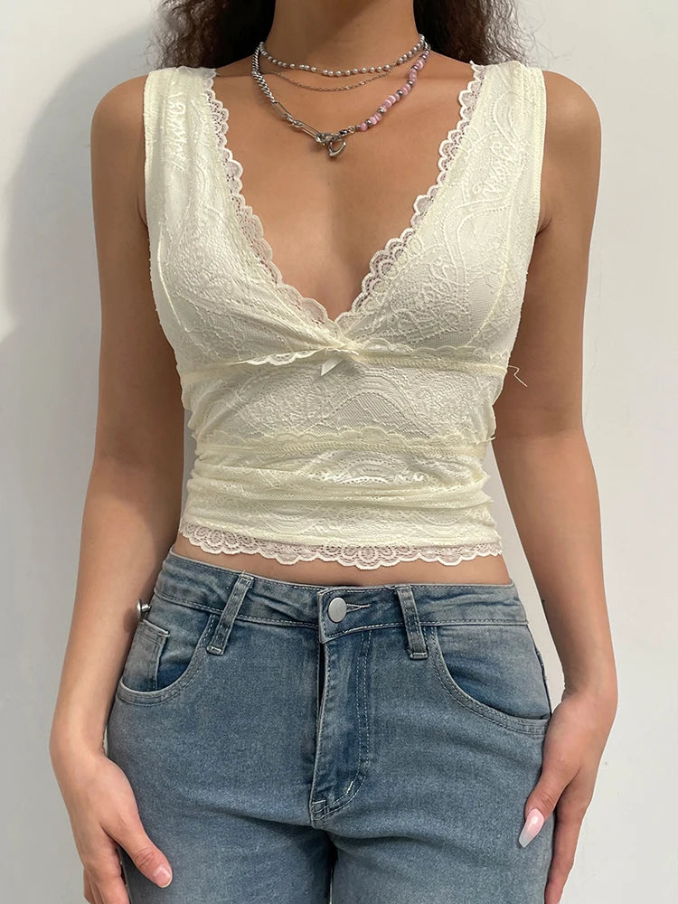 Y2K Sweet Cute V Neck Bodycon Sexy Tank Top Fashion 2000s Aesthetic Summer Cropped Vest Slim Bow Lace Top Women Cloth