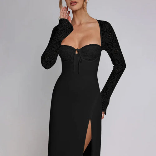 Load image into Gallery viewer, Lace Long Sleeve Sexy Maxi Dress Women Autumn New Square Collar Backless Lace-up High Split Sexy Club Party Long Dress
