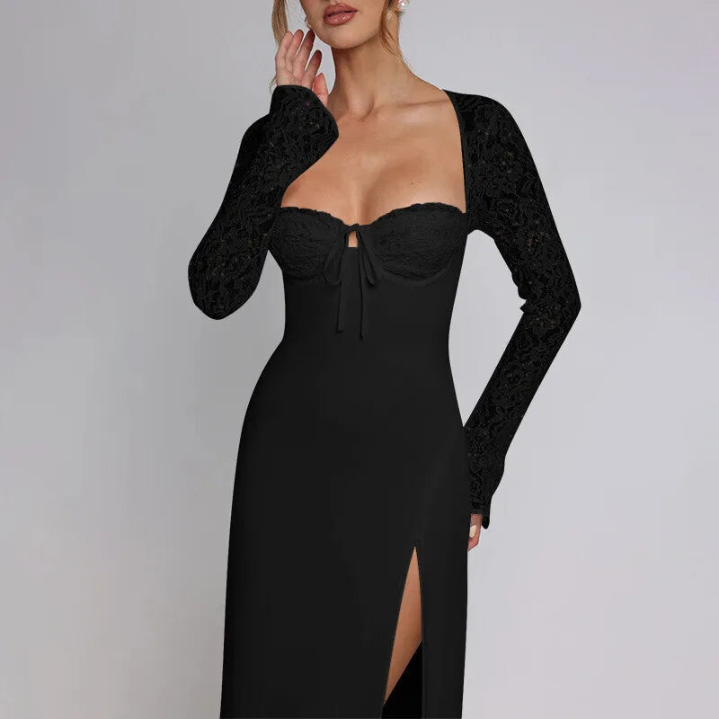 Lace Long Sleeve Sexy Maxi Dress Women Autumn New Square Collar Backless Lace-up High Split Sexy Club Party Long Dress