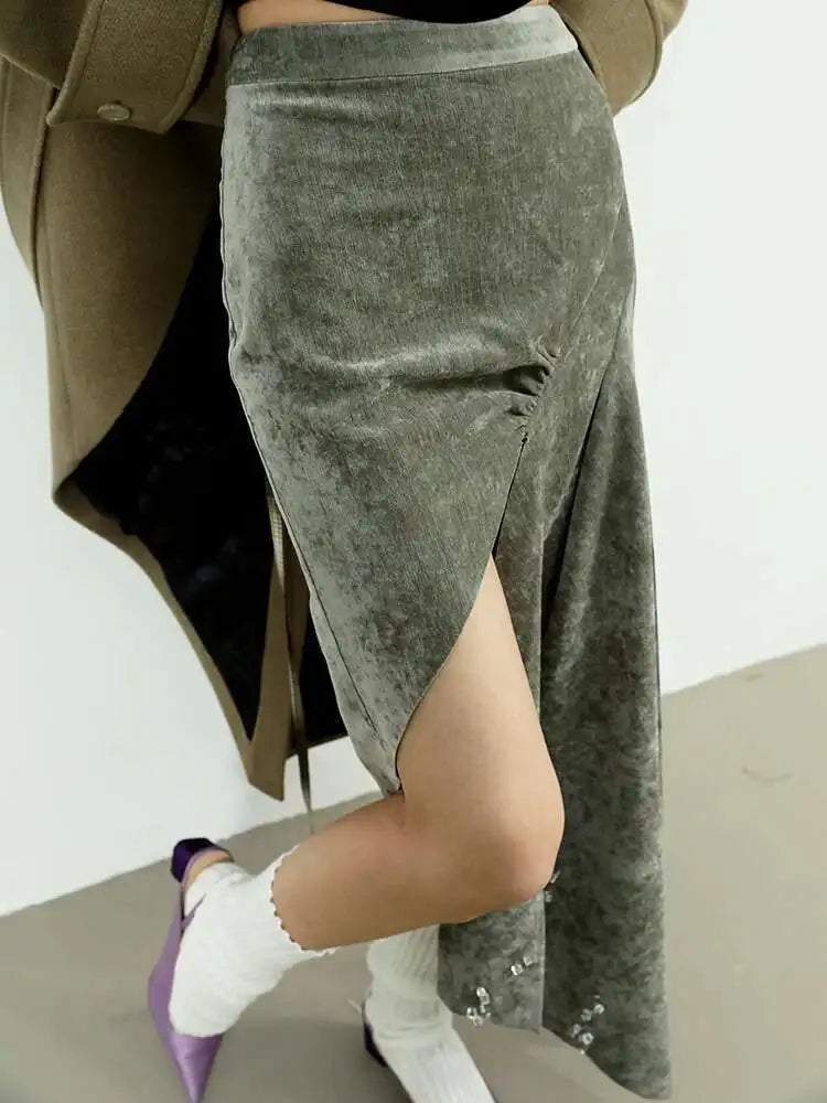 High Waist Gray Green Rhinestones Irregular Elegant Half-body Skirt Women Fashion Tide New Spring Autumn 2025 1DH8207