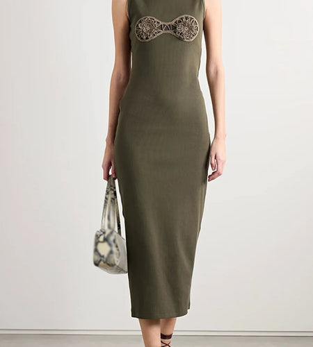 Solid Slimming Spliced Appliques Long Dresses for Women Round Neck Sleeveless Minimalist Dress Female Clothing New