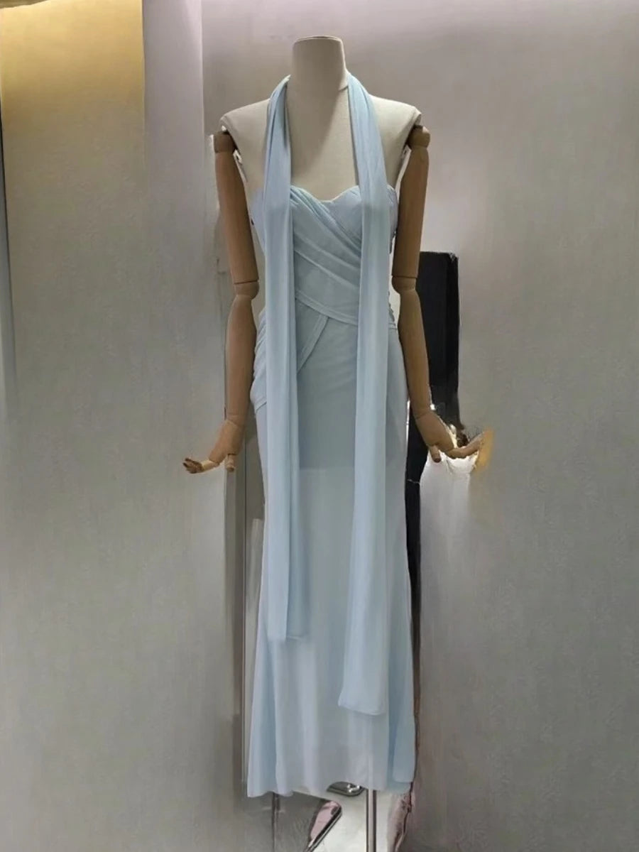 Slimming Sheer Spliced Folds Sexy Dresses for Women Strapless Sleeveless Patchwork Ribbon Elegant Dress Female New