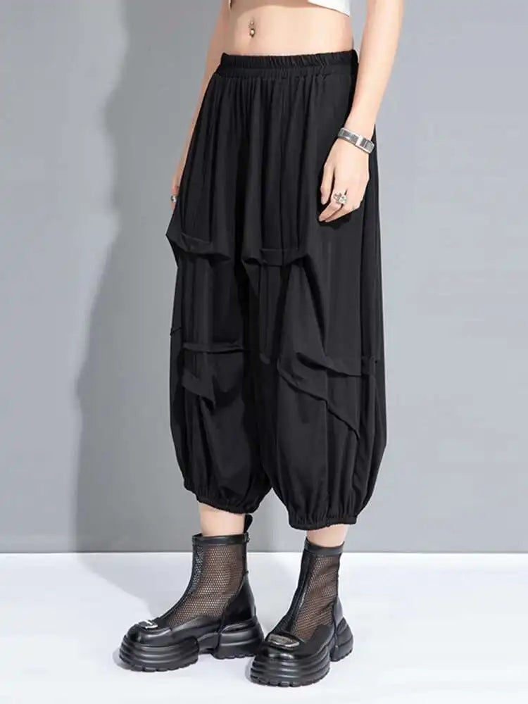 High Elastic Waist Black Pockets Wide Leg Calf-Length Pants New Trousers Women Fashion Tide Spring Autumn 2025 1DH9951