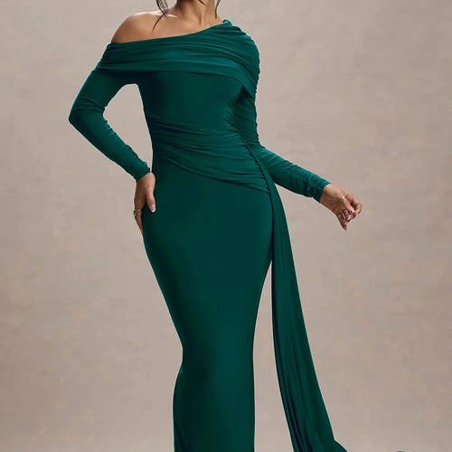 Load image into Gallery viewer, Skew Collar Long Sleeve Sexy Maxi Dress For Women Gown Fashion Backless Draped Ruched Bodycon Club Long Dress Elegant
