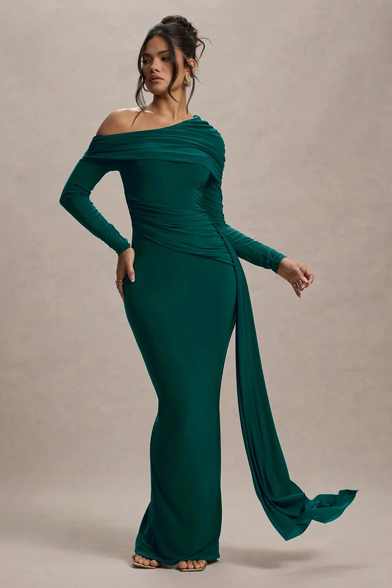 Skew Collar Long Sleeve Sexy Maxi Dress For Women Gown Fashion Backless Draped Ruched Bodycon Club Long Dress Elegant