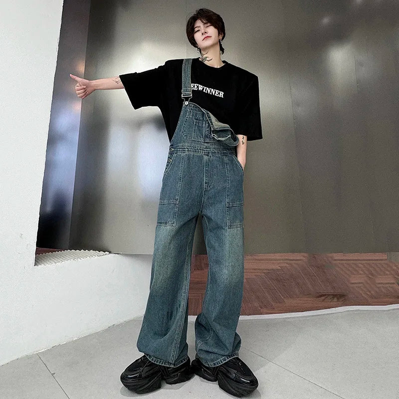 Men Denim Overalls American Style Washed Patchwork Large Pockets Solid Color Loose Male Jeans Retro Spring Trend 9C4886