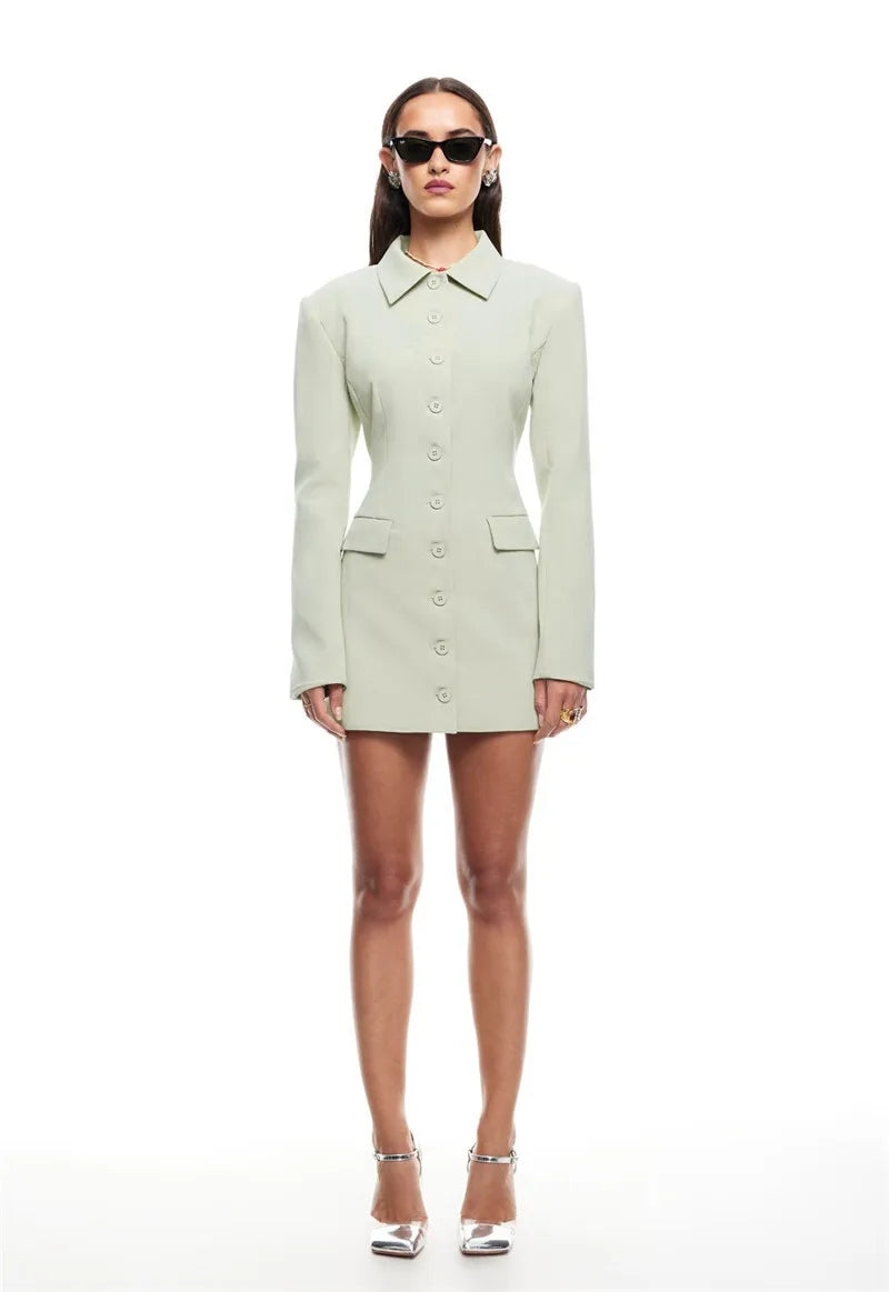 Long Sleeve Lapel Sexy Mini Dress For Women Solid Single-breasted Two Pocket High Waist Office Lady Blazer Dress