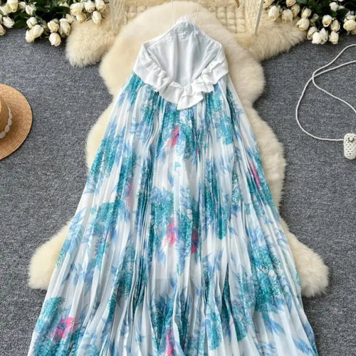 Load image into Gallery viewer, Summer New French Women's Blue Floral Patchwork Temperament Pleated Halter Lace-up Dress Vintage Elegant Backless Evening Dress
