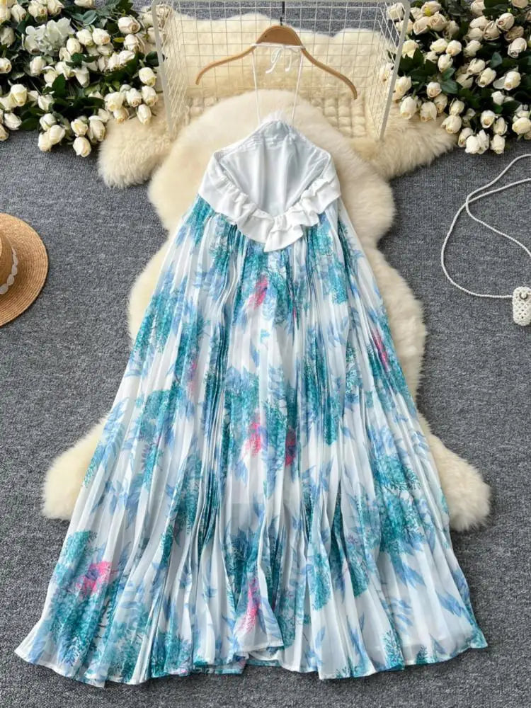 Summer New French Women's Blue Floral Patchwork Temperament Pleated Halter Lace-up Dress Vintage Elegant Backless Evening Dress