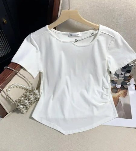 Summer Women V-neck Short-sleeve Irregular Pleated T-shirt Korean Version Solid Slim Hollow Out Cotton Tops Simplicity Popular
