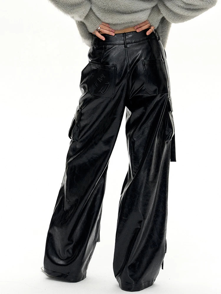 Solid Casual Patchwork Pockets Loose Leather Pants For Women High Waist Spliced Button Wide Leg Cargo Pant Female