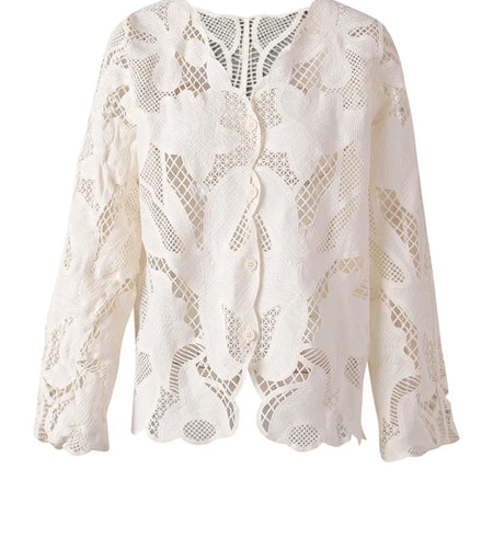 Women Beige Lace Hollow Out Big Size Elegant Blouse New V-neck Long Sleeve Shirt Fashion Tide Spring Autumn 2025 27X2858