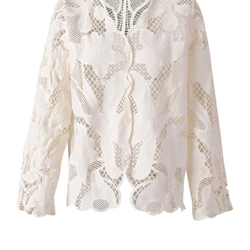 Load image into Gallery viewer, Women Beige Lace Hollow Out Big Size Elegant Blouse New V-neck Long Sleeve Shirt Fashion Tide Spring Autumn 2025 27X2858
