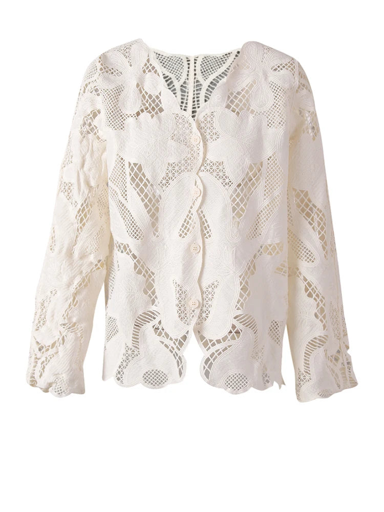 Women Beige Lace Hollow Out Big Size Elegant Blouse New V-neck Long Sleeve Shirt Fashion Tide Spring Autumn 2025 27X2858