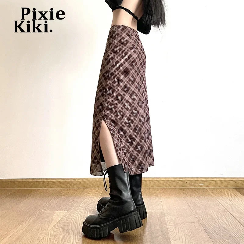 Retro Plaid Print Mesh Slit Long Skirts Woman Korean Clothing High Waist Y2k Skirt Preppy Style Women Bottoms P71-BG24