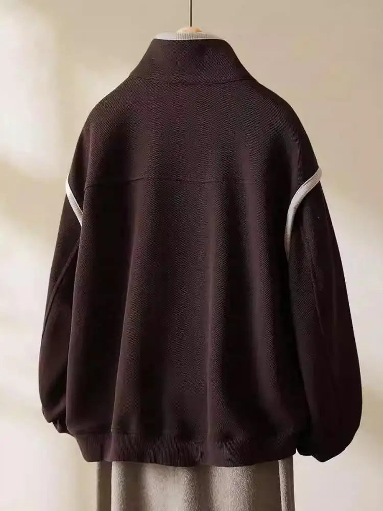 Autumn Fashion Women Brown Patchwork Short Jacket Korean Long Sleeve Zipper Coat Loose Casual Holiday Tops Popular Streetwear