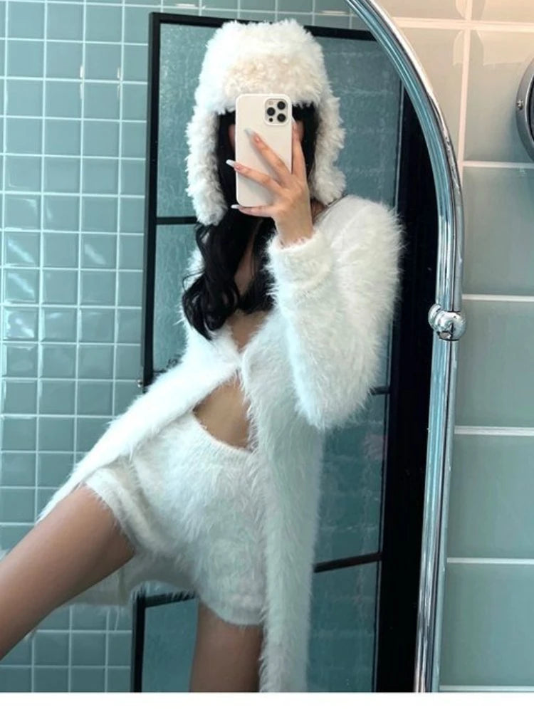 Sexy Knitted Two Pieces Cashmere Cardigan + High Waist Shorts Autumn New Ensemble Femme 2  Outfit Korean Y2k Suit