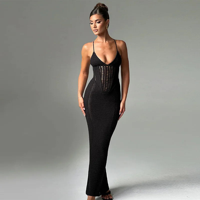 Hollow Out Backless Knit Dress For Women Spaghetti Strap Bandage Sleeveless Bodycon Club Party Sexy Long Dress Elegant