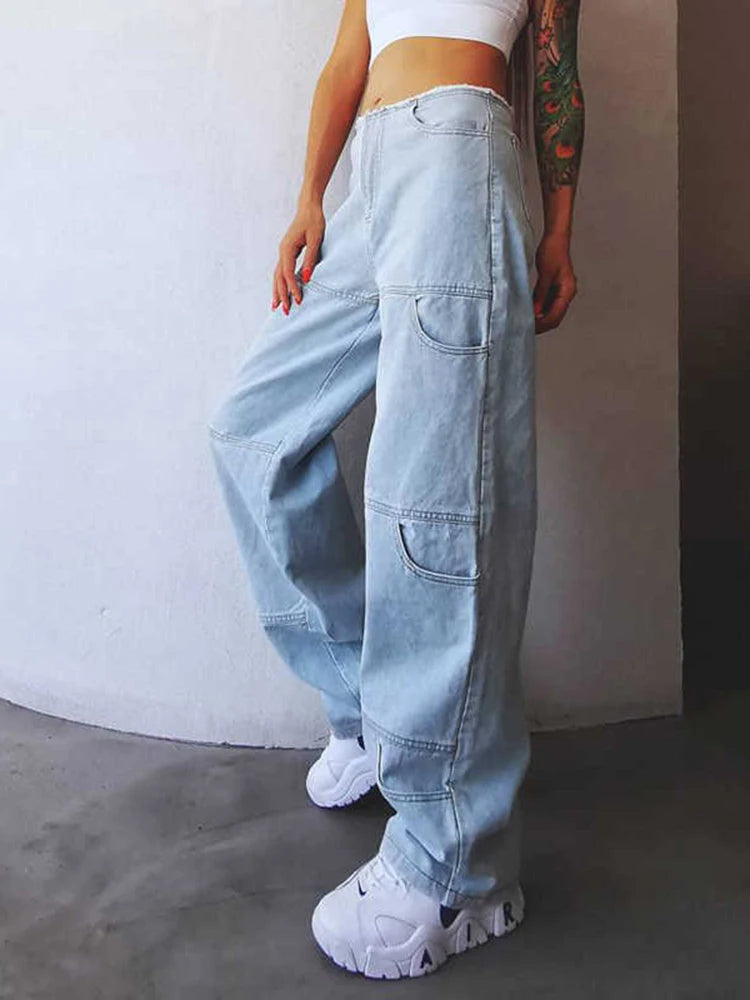 Blue Korean Denim Wide Leg Pants For Women High Waist Solid Minimalist Trousers Female Fashion Clothing Style