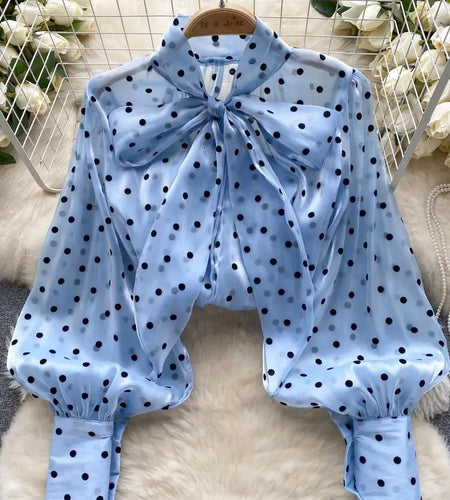 Autumn Women's Vintage Festival Polka Dots Single Breasted Shirt Elegant Sweet Bow Long Sleeve Loose Office Ladies Blouses Tops