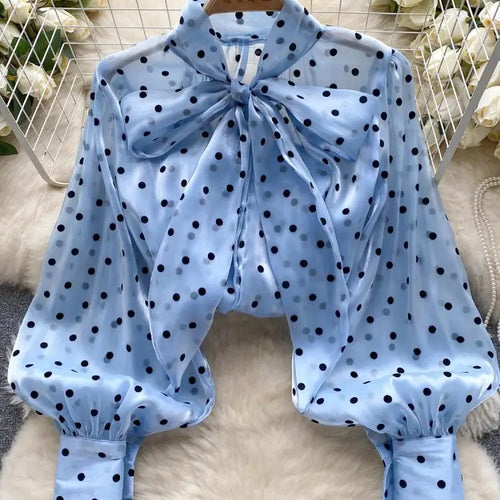 Load image into Gallery viewer, Autumn Women's Vintage Festival Polka Dots Single Breasted Shirt Elegant Sweet Bow Long Sleeve Loose Office Ladies Blouses Tops
