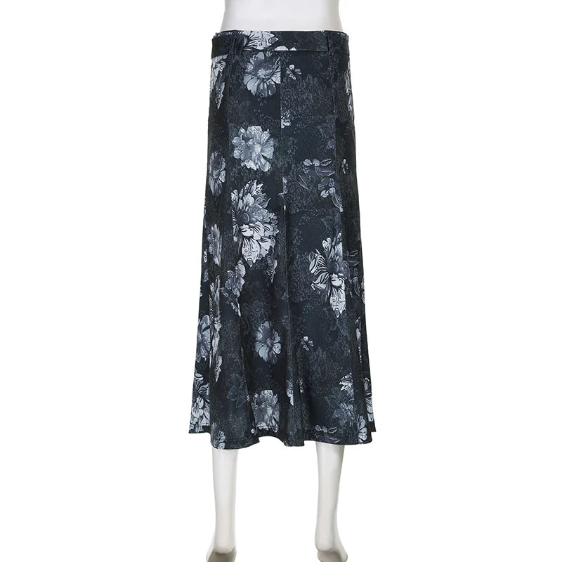 Grunge Stitched Belted Floral Printed Long Skirt Female Vintage Fashion A-Line Autumn Skirt Party 2000s Aesthetic Y2K