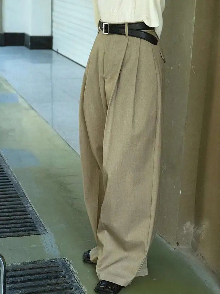 High Waist Khaki Pleated Long Wide Leg Elegant Pants New Loose Fit Trousers Women Fashion Tide Spring Autumn 2025 1DF2195