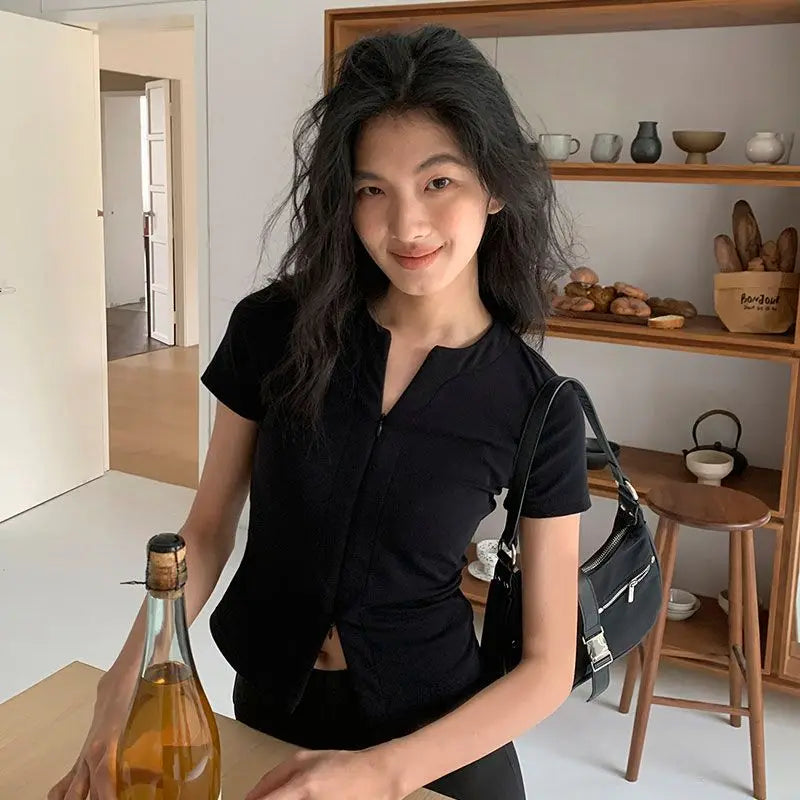 2025 Harajuku Zipper Designer Solid Shirt Y2k Aesthetic Bodycon Simple Fairy Tshirt Women Slim Fit Streetwear T Shirt Summer