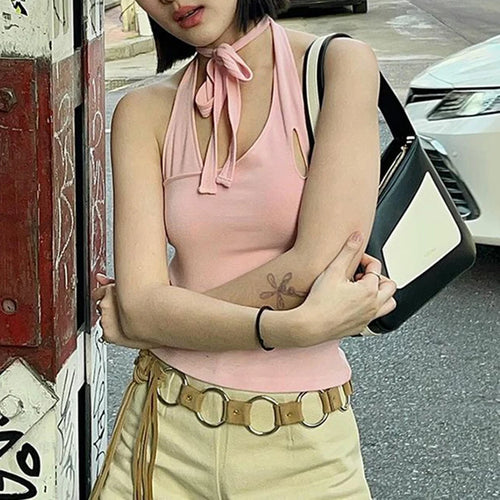 Load image into Gallery viewer, Backless Slim Pink Halter Camis Tops Basic Hollow Out Tie-Up Sweet Korean Summer Crop Top Female Streetwear Clothing
