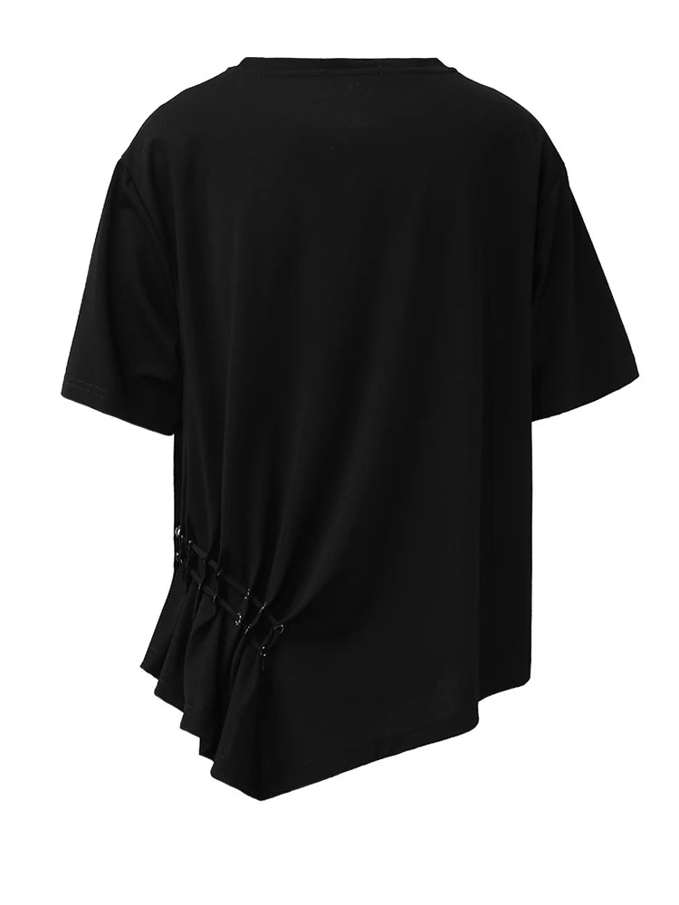 Women White Drawstring Irregular Hem Big Size T-shirt New Round Neck Short Sleeve Fashion Tide Spring Summer 2025 CPG1374