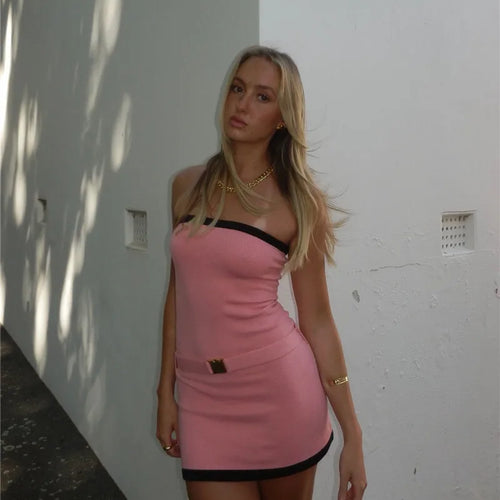 Load image into Gallery viewer, Off-shoulder Strapless Sexy Knit Dress Women Robe Contrast Color Sleeveless Backless Bodycon Beach Mini Dress Knitwear
