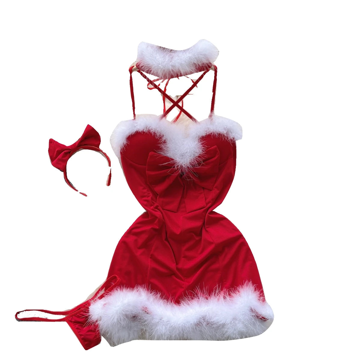 Summer New Women's Sexy Club Temptation New Year Christmas Uniform Bow Decoration Backless Red Flirt Halter Bandage Mini Dresses