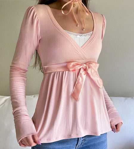 y2k Fairy Coquette Top Women Aesthetic Clothing Wrap Style Long Sleeve T Shirt with Satin Ribbon Tie 2000s Streetwear