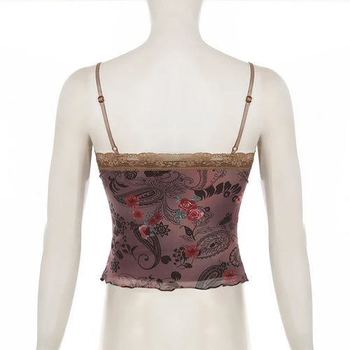 Load image into Gallery viewer, Vintage Floral Printed Lace Patchwork Mini Camisole Women Summer Slimming With Lace-Up Cropped Top Y2K Aesthetics New
