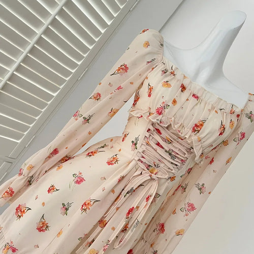 Load image into Gallery viewer, Spring Vintage Beige Floral Long Sleeved Party Short Dress Women Square Neck Elegant Vacation Backless Ruffles Dresses 2025 Chic
