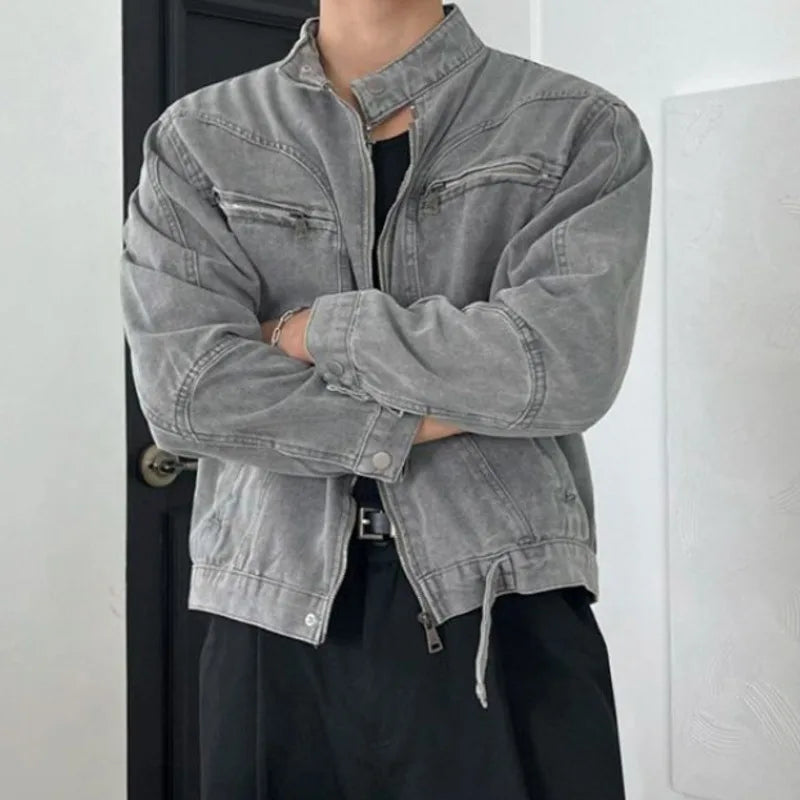 Spring Men's Jakect Washed Stand Collar Male Denim Jackets New Loose Style New Korean Solid Color Trendy Menwear 9W1454