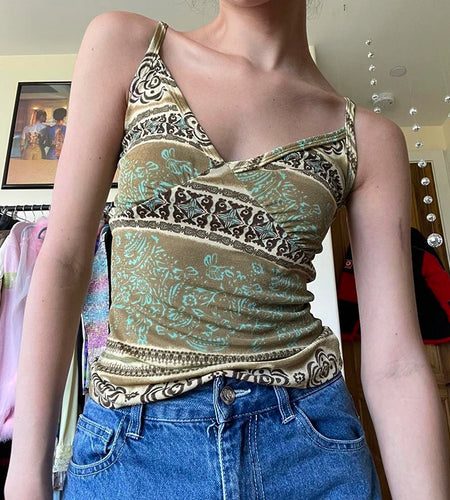 Fashion Bohemia Style Printed V-Neck Camisole Women Summer Vintage Mini Slimming Sleeveles Top 2000s Sexy Clothes New