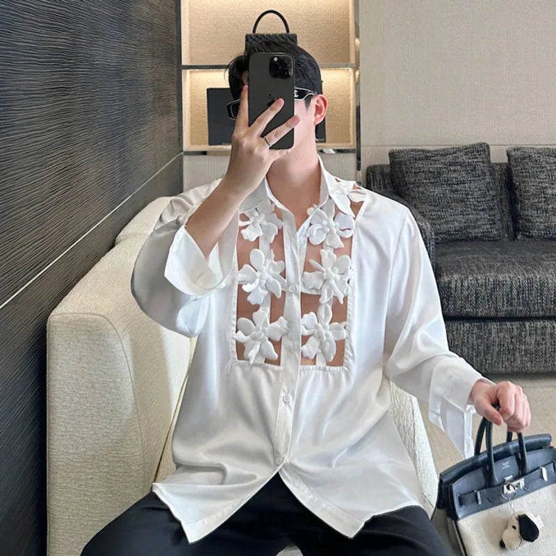 Men's Shirts Long Sleeve New Kroean Spliced Flower Hollow Out Fashion Top Turn-down Collar Single Breasted Menwear 9W1518